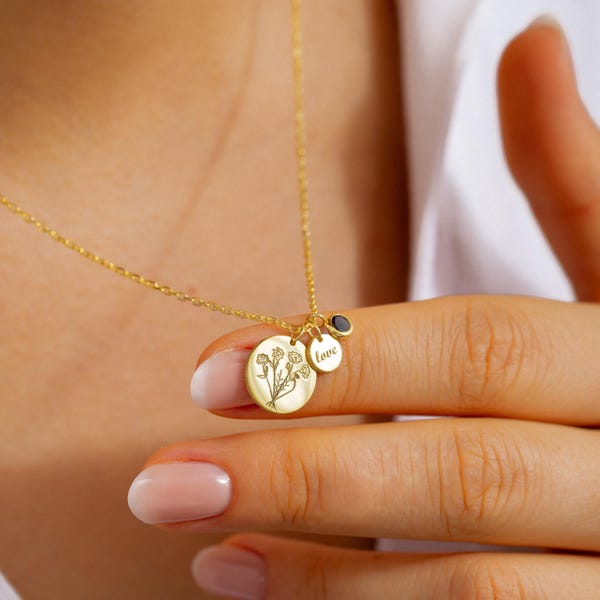 Collar con ramo de flores grabado con nombre y piedra natal, collar con dije de corazón en plata de ley 925, oro y oro rosa.
