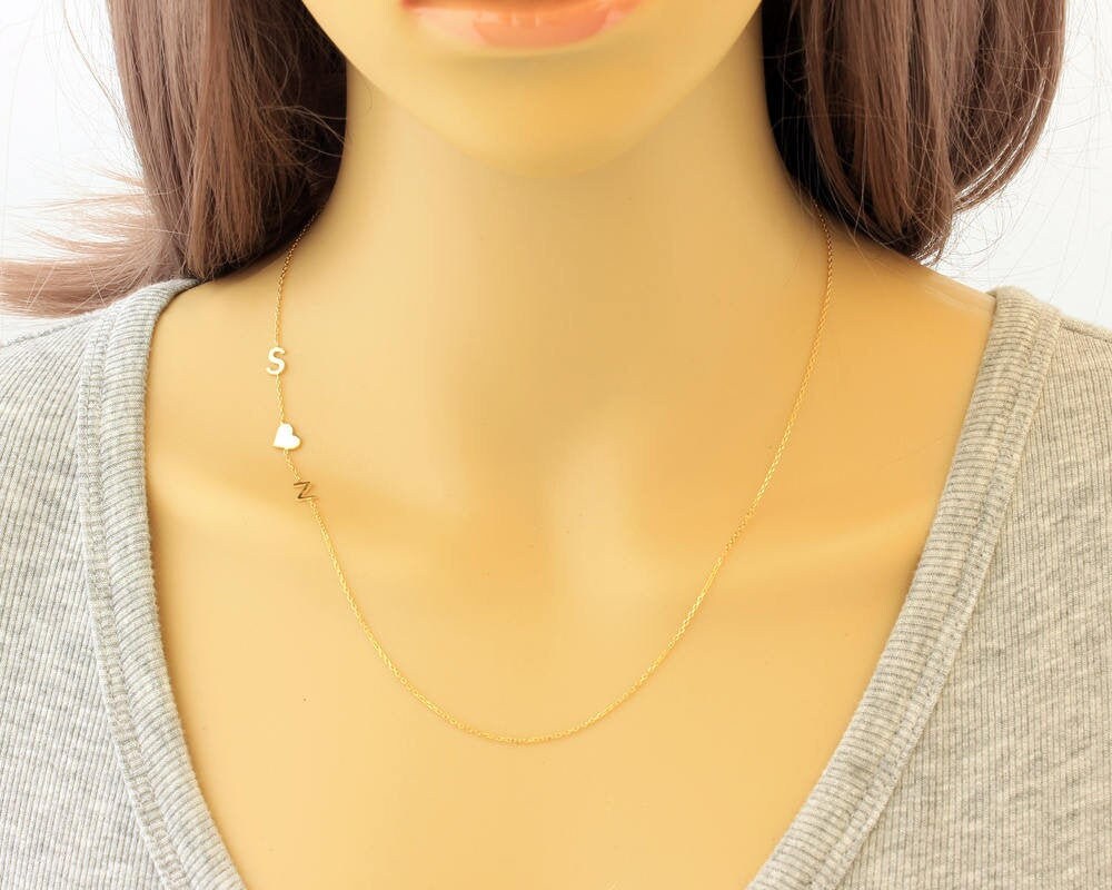 14K Sideways Initial Necklace, Tiny Initial Necklace for Woman, Solid