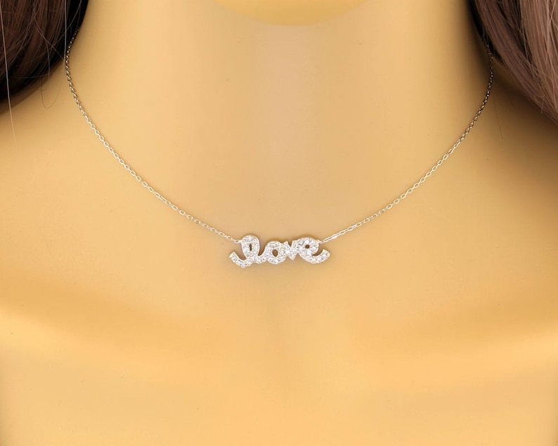 Gift Necklace Love Zirconium Necklace CZ Love Necklace Love Script Dainty Necklace Gold Love Necklace Love Necklace Silver Necklace