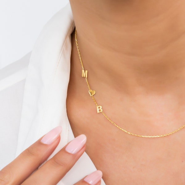 14K Solid GOLD zijwaartse eerste ketting, perfect cadeau voor haar, gepersonaliseerde zijwaartse ketting, kerstcadeau voor moeder, Moederdagcadeau