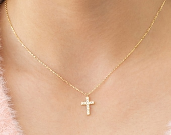 Diamond Cross Necklace - Dainty Cross Necklace- Gift for Her - Baptism Gift - Gold Cross Necklace - Christmas Gift - Gift for Mom