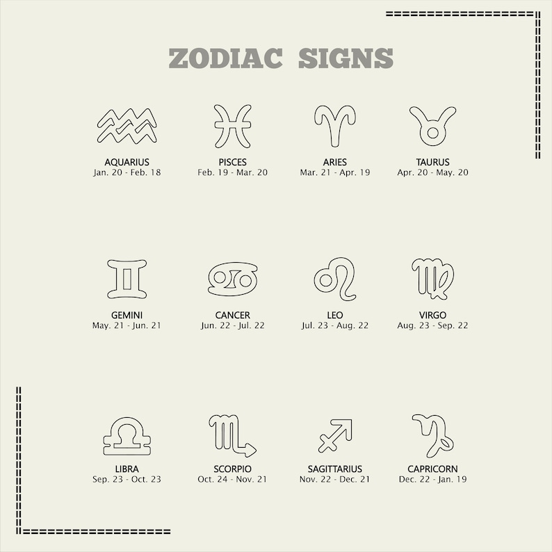 May include: A black and white graphic illustration of the 12 zodiac signs with their corresponding dates. The signs are arranged in a grid of four rows and three columns. The signs are: Aquarius, Pisces, Aries, Taurus, Gemini, Cancer, Leo, Virgo, Libra, Scorpio, Sagittarius, and Capricorn.