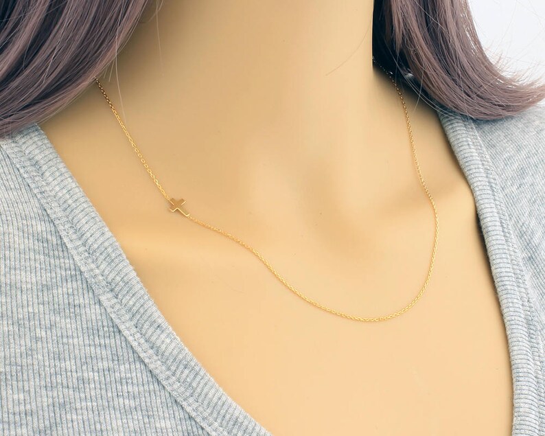 Sideways Cross Necklace, Mother's Day Gift, Dainty Necklace, Side Cross Necklace, Gold Cross Necklace, Christmas Gift, Gift for Her image 3