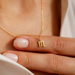 May include: A gold chain necklace with a small gold pendant shaped like the astrological symbol for Scorpio.