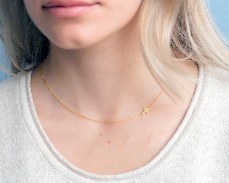 Sideways Cross Necklace, Mother's Day Gift, Dainty Necklace, Side Cross Necklace, Gold Cross Necklace, Christmas Gift, Gift for Her image 2