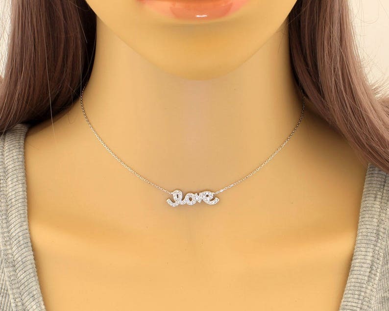 Gift Necklace Love Zirconium Necklace CZ Love Necklace Love Script Dainty Necklace Gold Love Necklace Love Necklace Silver Necklace