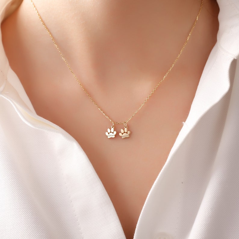 May include: A gold chain necklace with two small paw print charms. The charms are engraved with the words "Chase" and "Luna".