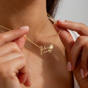 May include: Gold necklace featuring a paw print charm and the names "Alex" and "Lucky" in cursive.