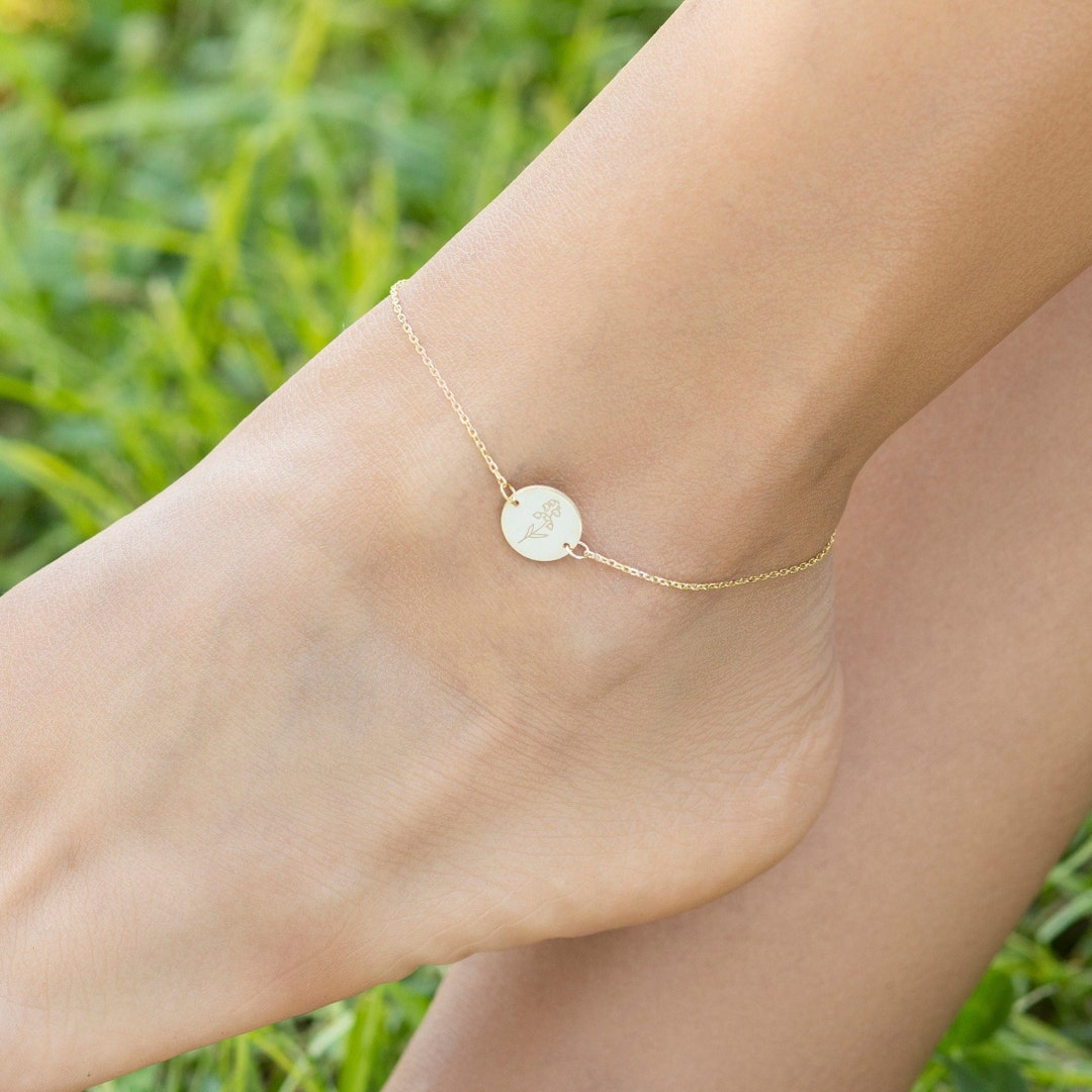 Birthflower Anklet , Silver Anklet, Engraved Disc Anklet for Her