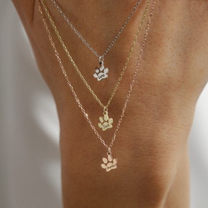Op de afbeelding: Drie gouden halskettingen met een pootprint, met de namen "Luna", "Jack" en "Charlie" erop gegraveerd. De kettingen liggen op elkaar op de pols van een persoon.