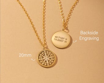 Engraved Compass Necklace, Double Sided Meaningful Adventure Jewelry 925 Sterling Silver, Gold, Rose Gold