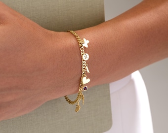 Custom Charm Bracelet in Curb Chain – Personalized Initial, Birthstone & Symbol Charms in 925 Sterling Silver, Gold, Rose Gold