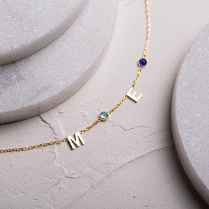 14K Solid GOLD Birthstone Letter Necklace, Personalized Birthstone Initial Necklace, Birthstone Letter Necklace for Mother, Gift for Mom image 3