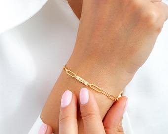 Personalized Engraved Bar Bracelet with Paperclip Chain, Custom Name Bracelet, Gift for Her, Gift for Girlfriend, Mother's Day Gift
