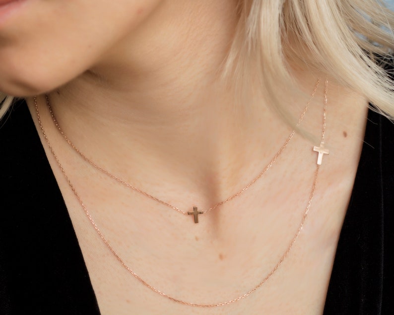 Sideways Cross Necklace, Mother's Day Gift, Dainty Necklace, Side Cross Necklace, Gold Cross Necklace, Christmas Gift, Gift for Her image 5