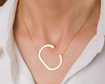 Sterling Silver Large Initial Necklace - Personalized Letter Jewelry