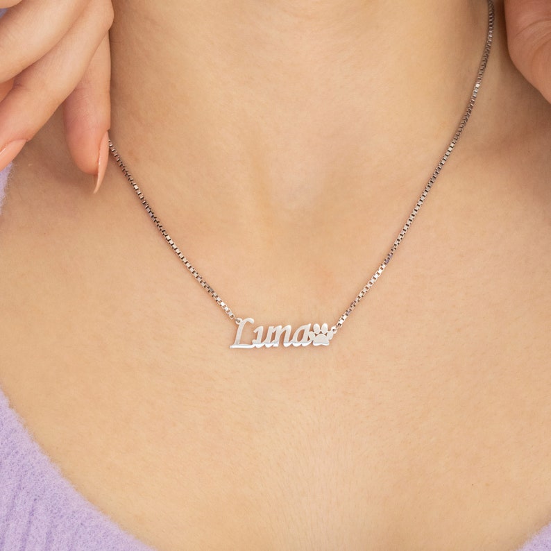 May include: Silver necklace with a nameplate that reads "Luna" and a small paw print charm.