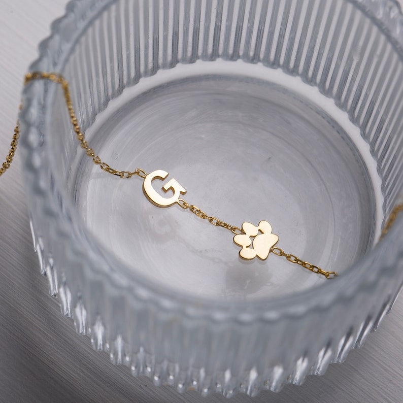 14K Solid GOLD Paw Print Bracelet Pet Memorial Gift Pet Name Initial Bracelet Gift for Dog Mom Personalized Paw Initial Bracelet image 7