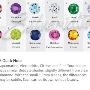 May include: A chart displaying twelve circular birthstones labeled by month: January Garnet, February Amethyst, March Aquamarine, April Diamond, May Emerald, June Alexandrite, July Ruby, August Peridot, September Sapphire, October Pink Tourmaline, November Citrine, and December Blue Topaz. A note mentions 1.3mm stones.