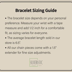May include: A beige graphic with the text "Bracelet Sizing Guide". It provides instructions on how to measure wrists for bracelets, including adding 1.27 cm for comfort. The average bracelet length sold is 16.5 cm. Includes the brand logo.