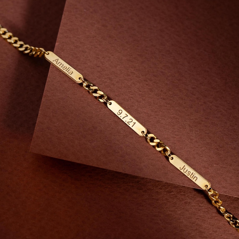 Personalized Curb Chain Bar Bracelet, Custom Engraving With Name, Date ...