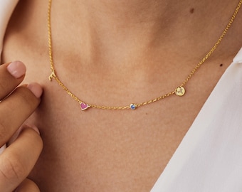 Personalized Initial Birthstone Heart Necklace, Zodiac Charm, Custom Astrology Jewelry Gift for Her