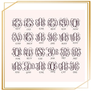 May include: A graphic image with 24 different monogram designs. Each monogram is made up of three letters, with the first letter being the largest and the other two letters being smaller. The monograms are in a dark purple color and are set against a light pink background. The letters are in a cursive font.