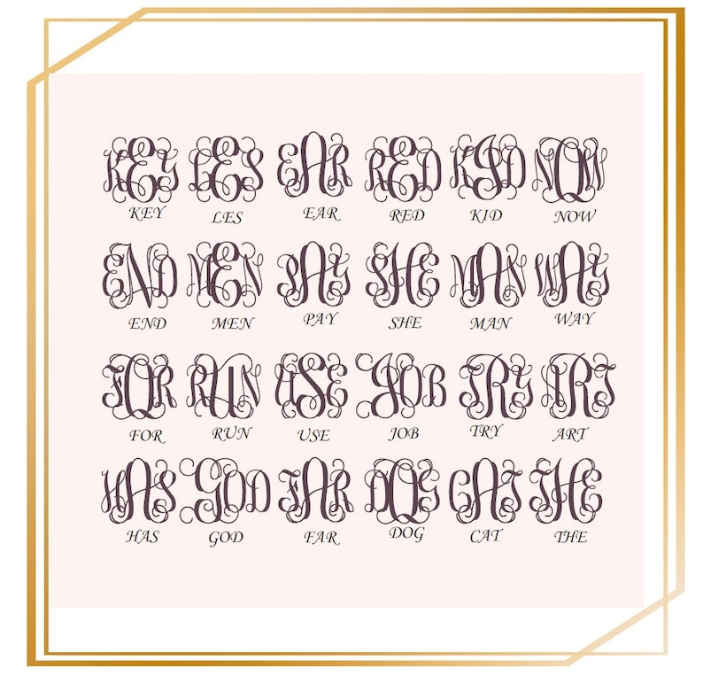 May include: A graphic image with 24 different monogram designs. Each monogram is made up of three letters, with the first letter being the largest and the other two letters being smaller. The monograms are in a dark purple color and are set against a light pink background. The letters are in a cursive font.