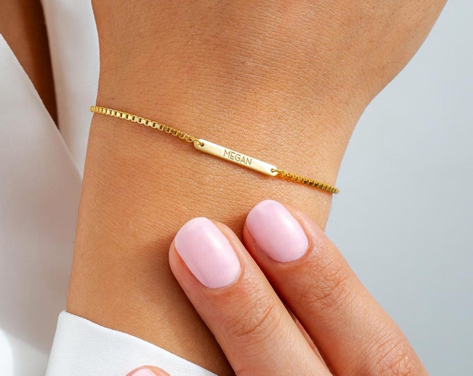 Custom Sterling Silver Mini Engraved Bar Bracelet with Box Chain, Personalized keepsake