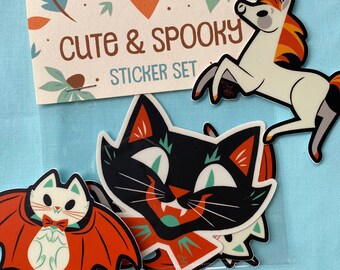 Cute & Spooky Sticker Set (Black Cat, Vampire Cat, and Candy Unicorn)