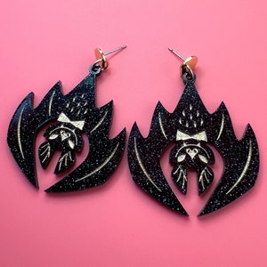 Black Glitter & Gold Bat Earrings