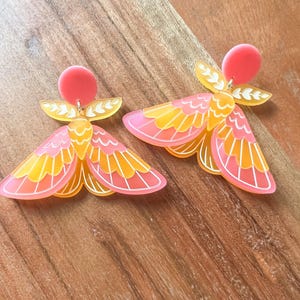 Rosy Maple Moth Layered, Engraved & Painted Acrylic Earrings
