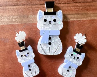 Snow Kitties Layered Acrylic Earrings, Brooch or Magnet