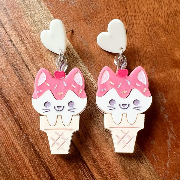 Cat Ice Cream Cone Layered, Engraved & Painted Acrylic Earrings