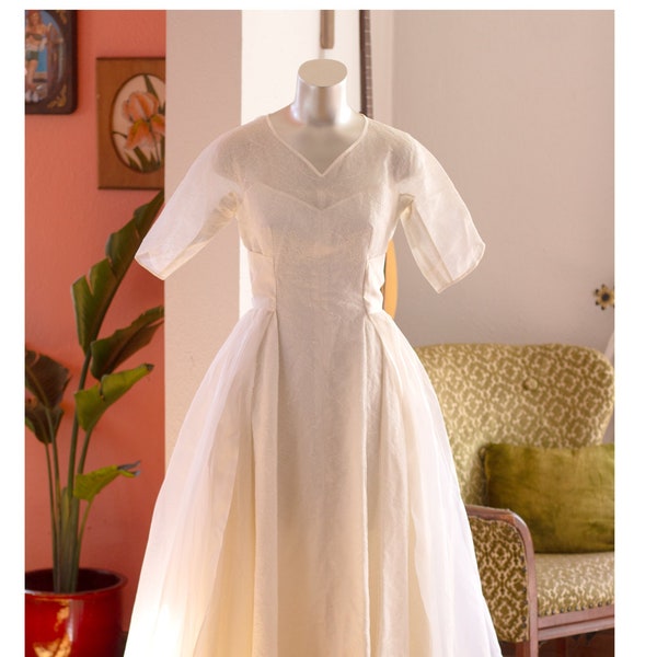 Vintage Wedding Dress - 1950s, 1960s - Lace, Long Train - Modest, Classic