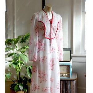 Vintage Boho Maxi Dress - 1970s Floral Prairie Dress - Montgomery Ward - White, Red, Gunne Sax Style Garden Gown