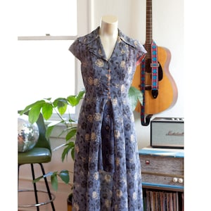 Vintage 1990s-Does-1940s Layered Dress - C&#39;est Duo Dresses - Button-Up, Blue, Floral