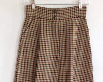 1970s High-Rise Preppy Skirt - Jones New York Brown Checkered Plaid - Mid-Length