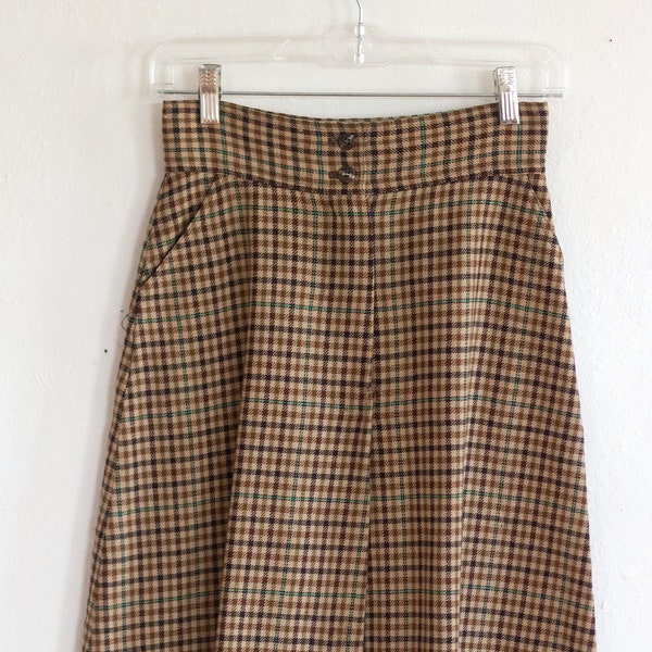 1970s High-Rise Preppy Skirt - Jones New York Brown Checkered Plaid - Mid-Length