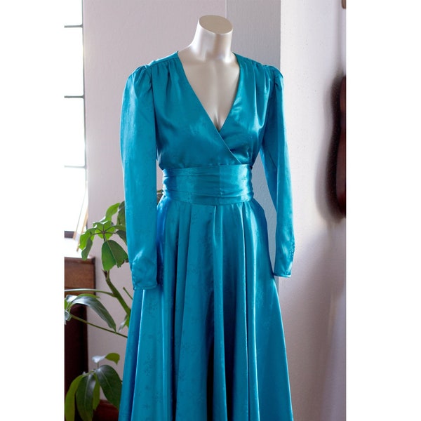 Vintage Kimono-Inspired Wrap Dress - Teal, Floral, Brocade - 1980s does 1940s - Silky Party Dress