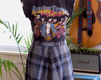 Vintage Wool Tartan Circle Skirt - Gray, Blue, High-Rise Plaid Preppy Punk Skirt