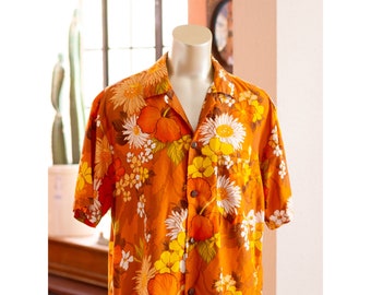 Vintage Hawaiian Shirt - 1950s, 1960s - Royal Hawaiian - Orange, Yellow Floral - Summer, Mid Century - Elvis - Made in Hawaii