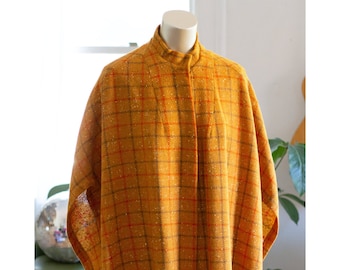 Vintage Plaid Wool Cape, Poncho - 1960s - 1970s - Winter, Fall, Orange