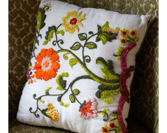 Vintage Floral Embroidered Throw Pillow - 1970s - Orange, Magenta, Green