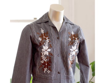 Vintage Embroidered Western Jacket - "Shacket" - Chambray - 1970s - Folk, Floral