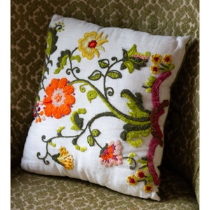 Vintage Floral Embroidered Throw Pillow - 1970s - Orange, Magenta, Green