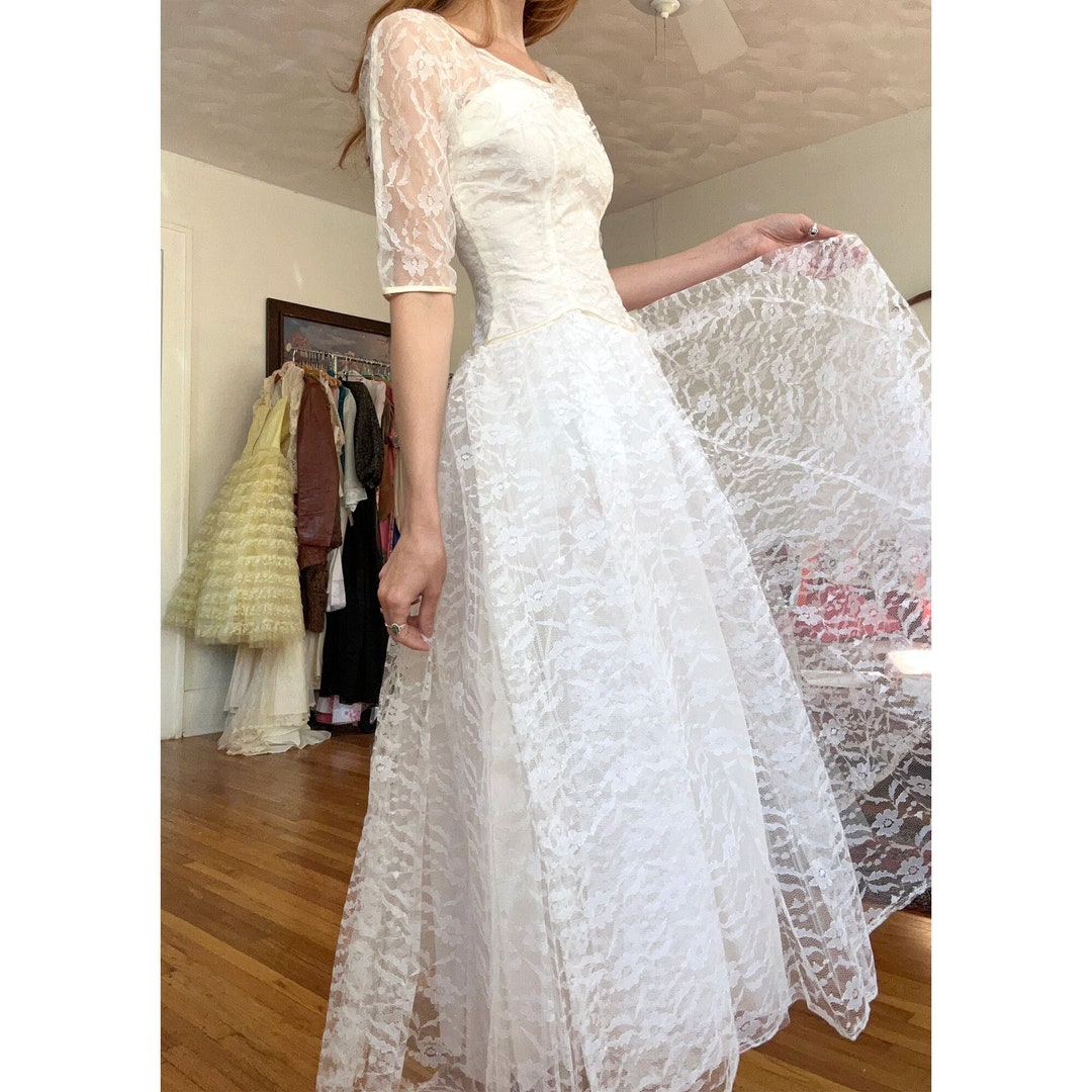 Vintage Wedding Dress Tea-length 1950s Formal Lace Sweetheart, XXS, XS ...