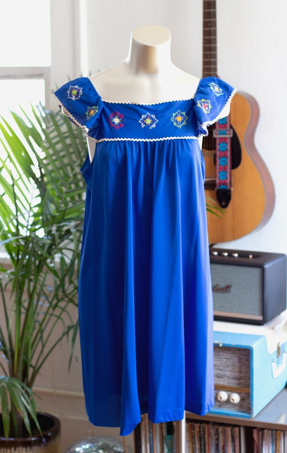 1970s Folk Floral Embroidered Slip Dress in Blue … - image 1