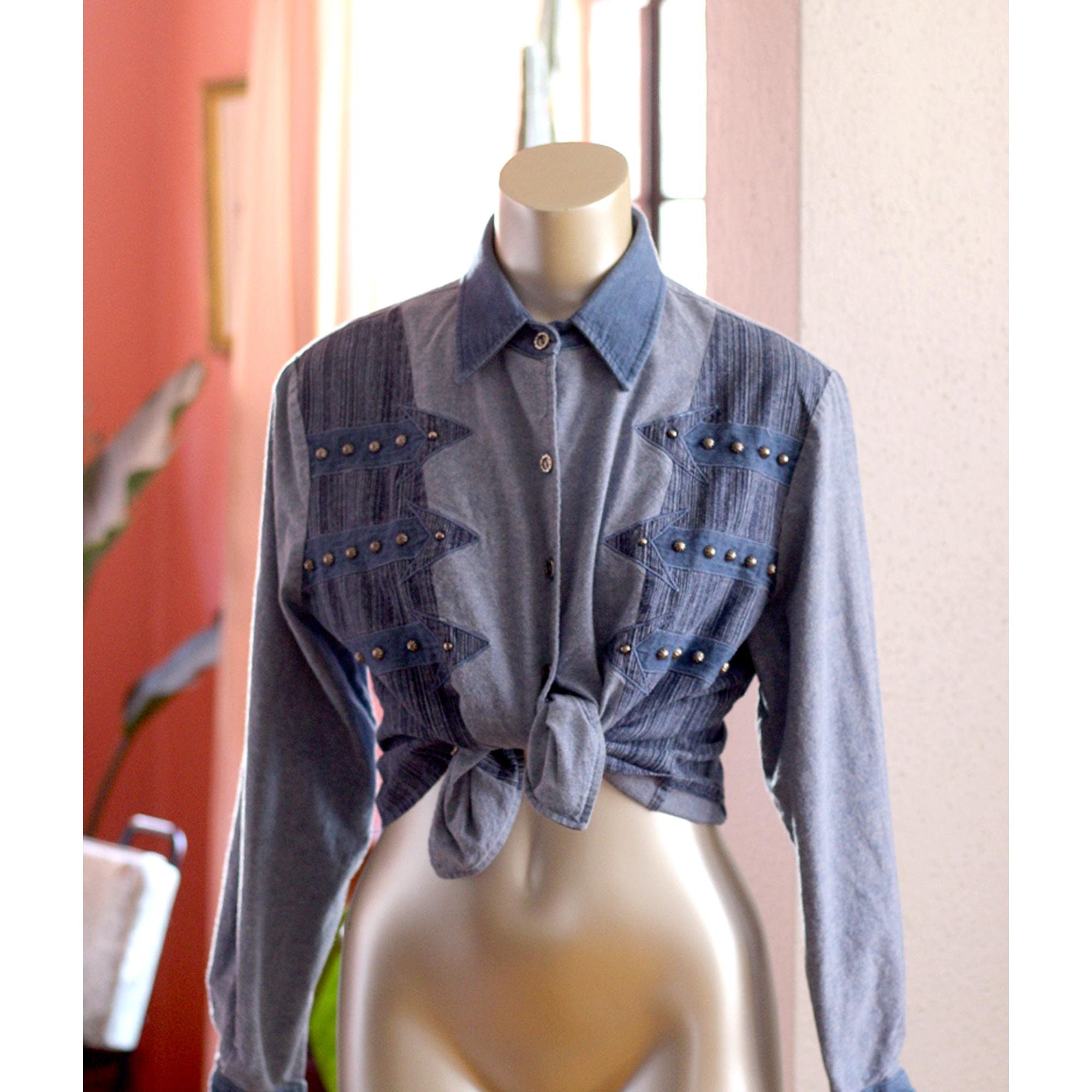 Vintage Western Shirt - 1990s -  1849 Authentic Ranchwear - Chambray, Studded Arrow Cowgirl Blouse