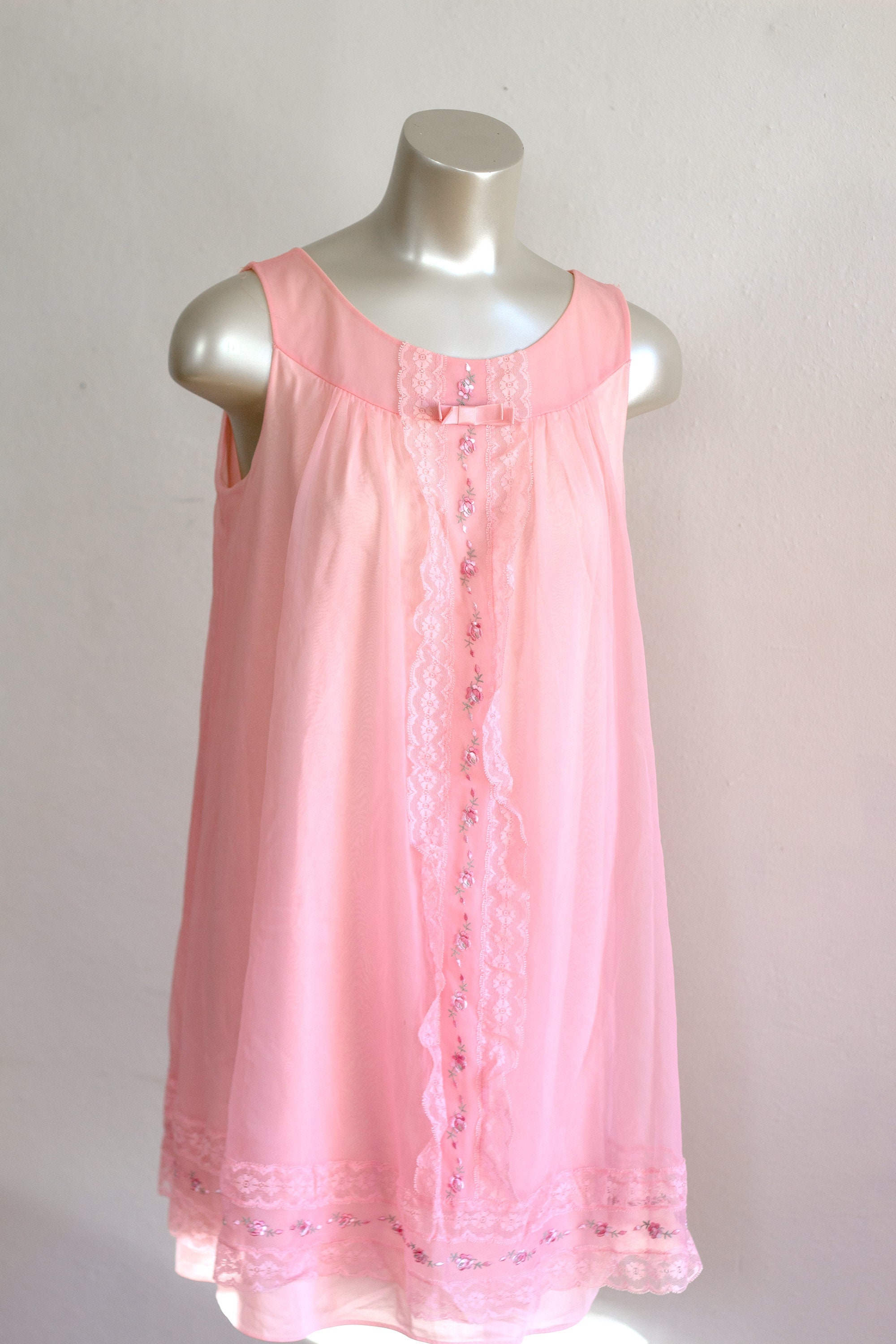 1960s Pink Floral Babydoll Nighty Vintage Lingerie Nightgown